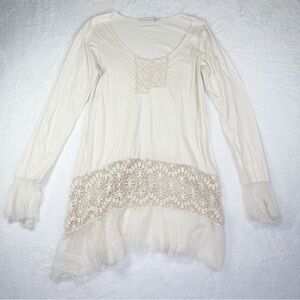 4 Love and Libery Johnny Was Cream Silk Lace Hem Boho Hippie Long Sleeve Shirt